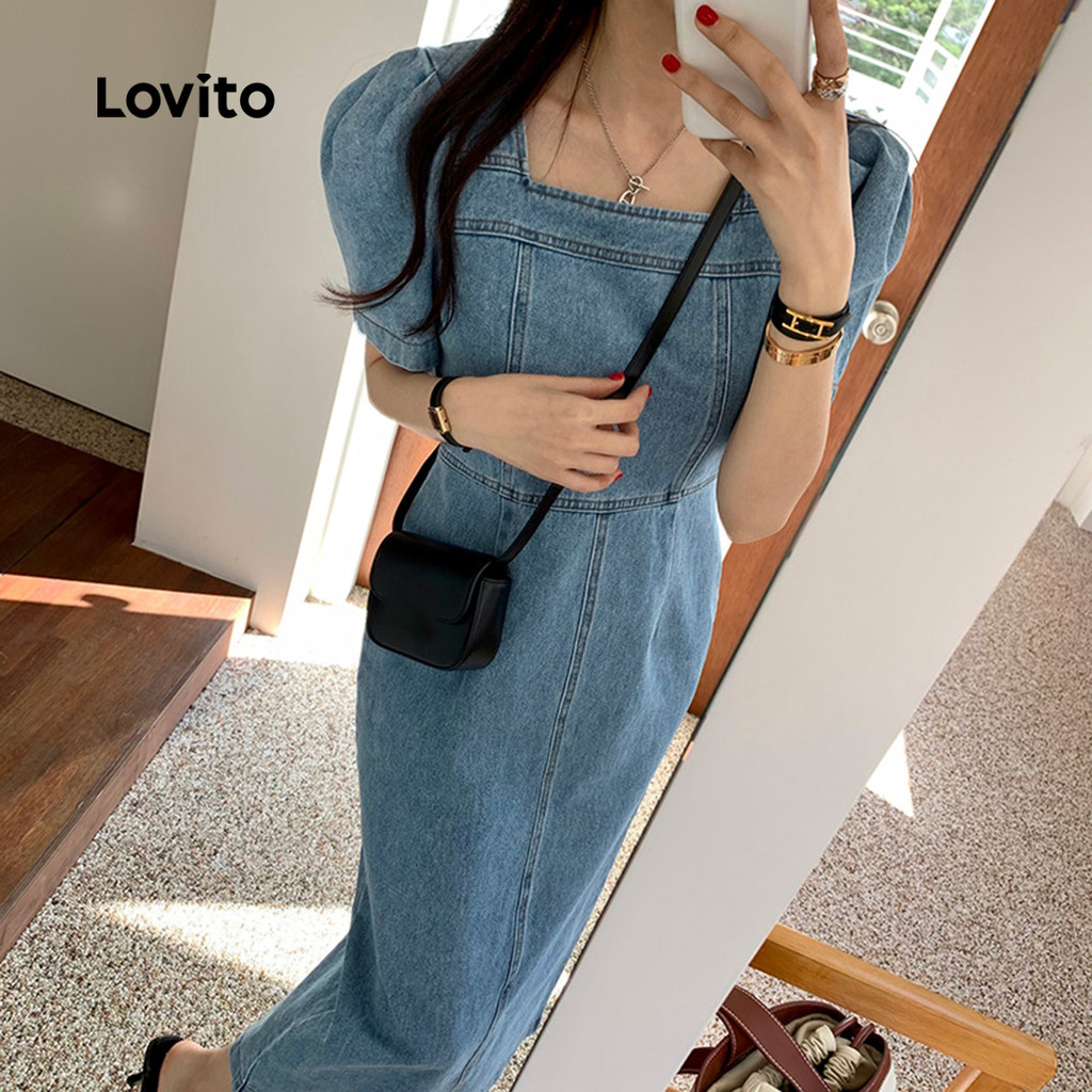 Lovito Vestido jeans Casual com estrutura lisa para mulheres LNA102043 - Women Clothes
