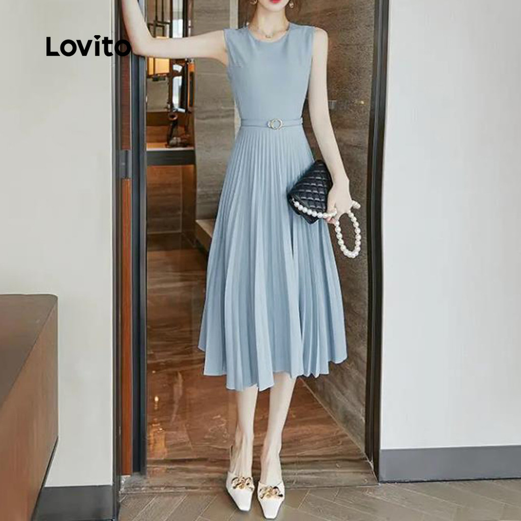 Detalhes do Lovito Vestido elegante liso plissado com cinto para mulheres L131ED081