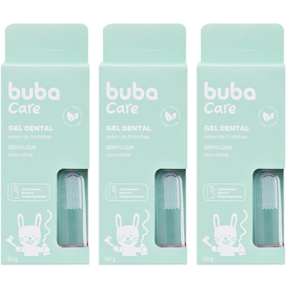 KIT C/ 3UN GEL DENTAL BUBA CARE SEM FLÚOR ACOMPANHA ESCOVA MASSAGEADORA