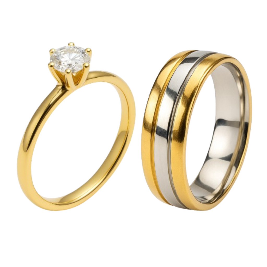 Aliança Ouro 18k  6mm Bodas Friso Prata + Anel Solitario 2mm Ouro 18k Pedra Zircônia