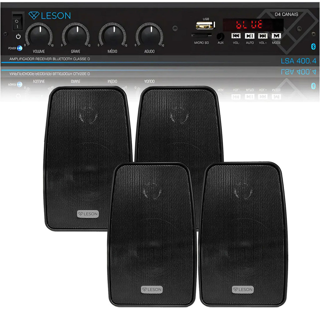 Kit Receiver LSA 400.4 + 4 Caixas de som preto 140w Leson - Audio