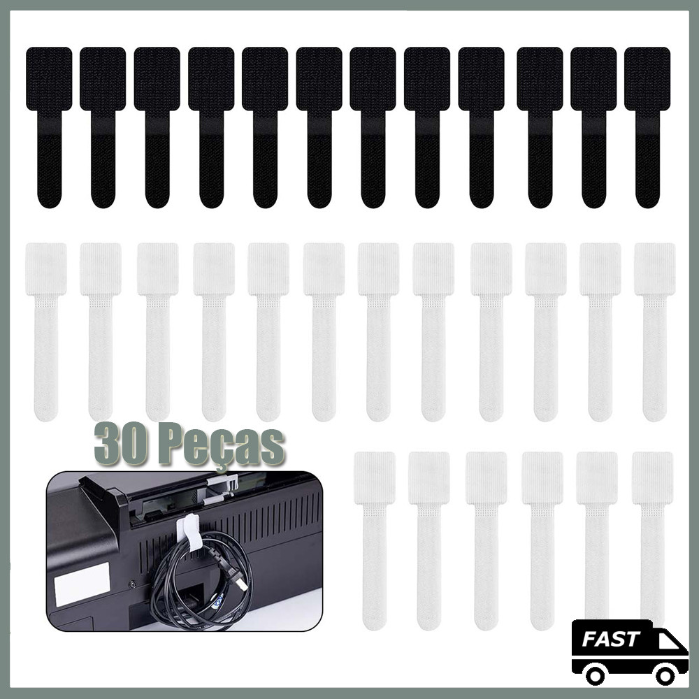 30pcs Abraçadeiras Reutilizáveis Auto-Adesivas Ajustáveis para Fixação de Cabos e Gerenciamento de Mesa