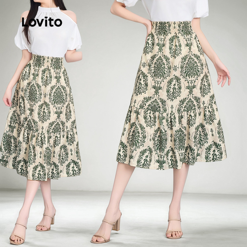 Lovito Saia Boho com estampa Tribal e bainha com babados para mulheres L120ED058 - Women Clothes