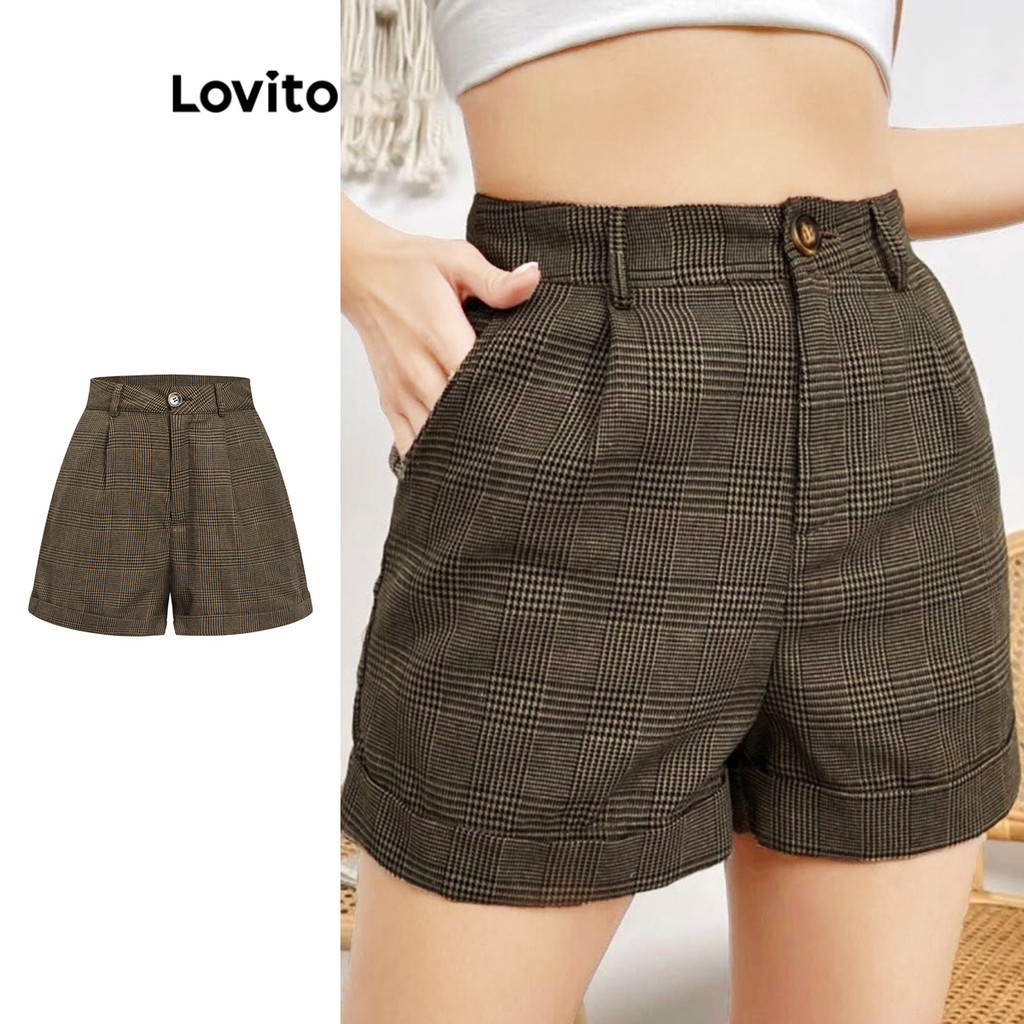 Lovito Shorts Casuais Xadrez Com Bolso Curto Para Mulheres L108ED670 em Oferta na Shopee