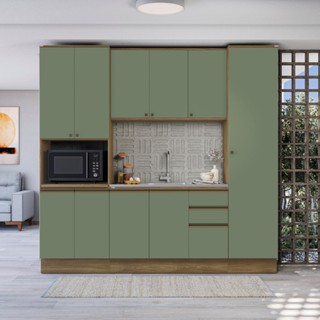 Cozinha Compacta com Kit Forno Celeste Kappesberg 100% MDF Nogueira/Verde 240cm em Oferta na Shopee
