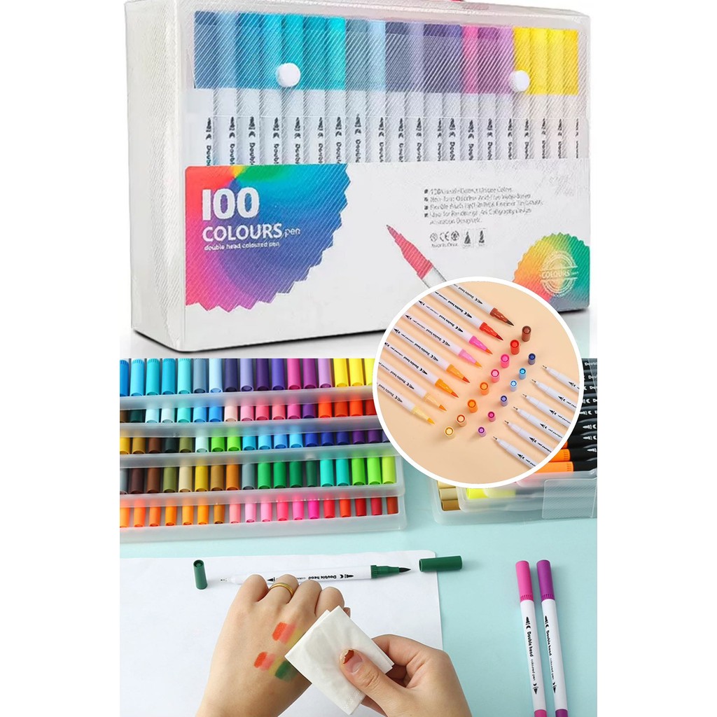 Kit 100 Canetas 2 em 1 Brush Lettering e Ponta Fina Dual Pen Canetinha Colorir Desenho