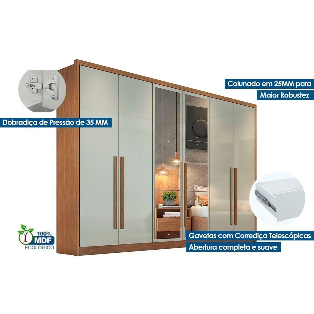 Detalhes do Guarda Roupa Casal 6 Portas e 6 Gavetas c/ Espelho Robust/Livorno Freijo Cumaru c/ Fendi - Novo Horizonte