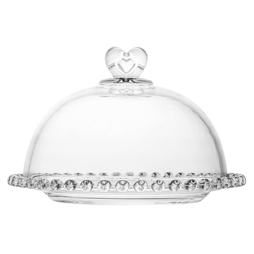 Queijeira Redonda de Mesa Cristal Decorada Coração com Tampa
