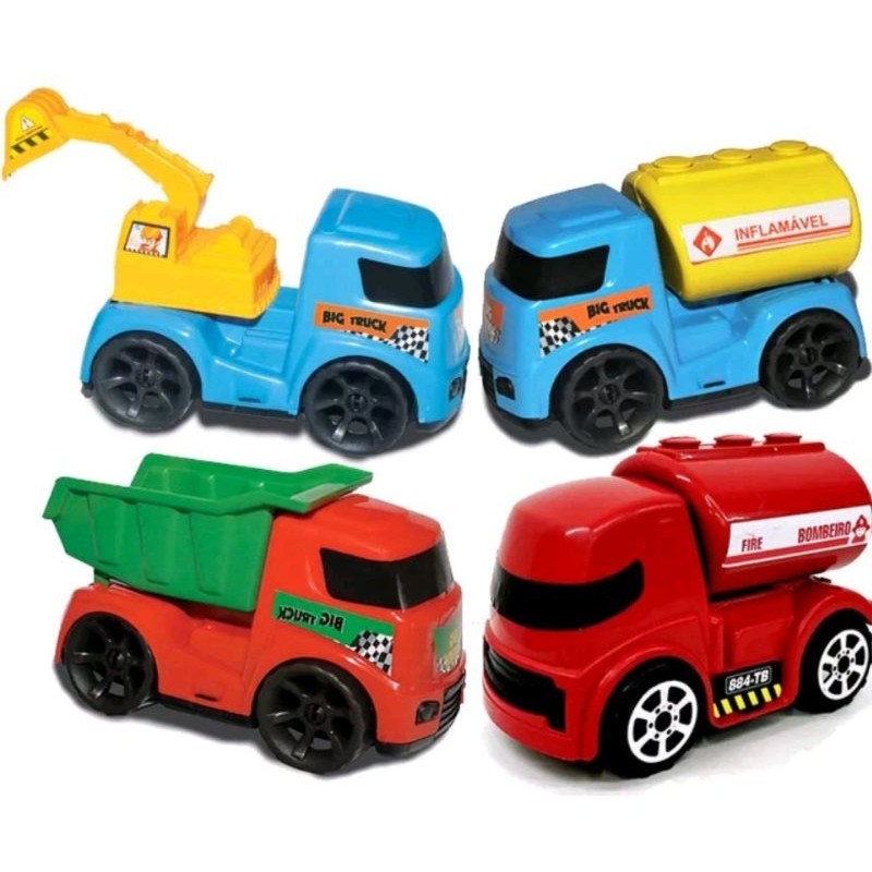 Kit 4 Caminhões AMAR E - 1 Caminhão Tanque - 1 Caminhão De Bombeiro - 1 Caminhão Retro Escavadeira - 1 Caminhão Caçamba