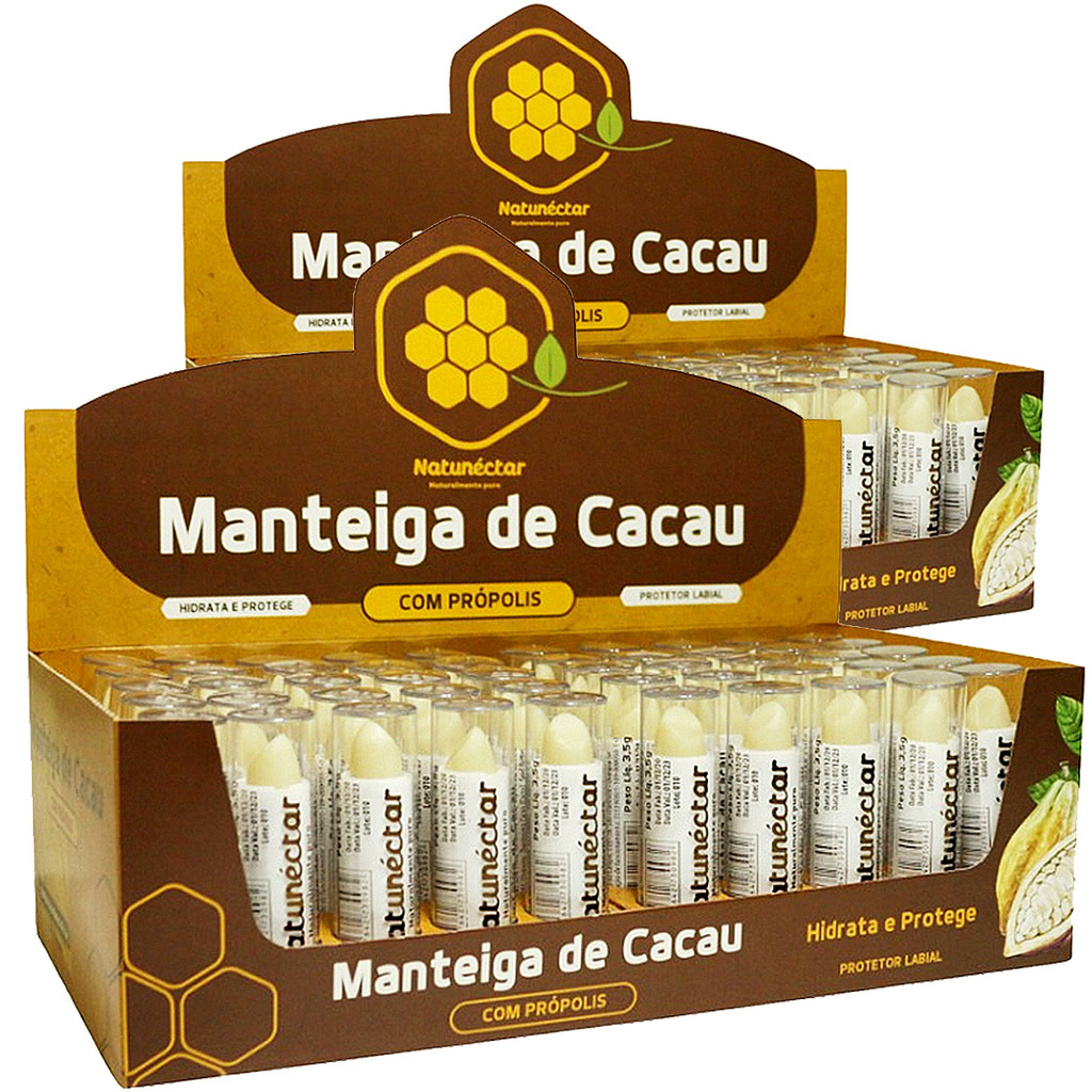 Kit 2 Caixas Display Manteiga de Cacau Hidratante Labial Batom Protetor Própolis 100% Puro