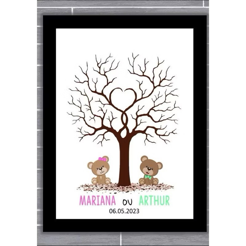 QUADRO DECORATIVO CHÁ DE REVELAÇÃO URSINHOS MENINO OU MENINA PLACA PERSONALIZADA ÁRVORE GENEALÓGICA