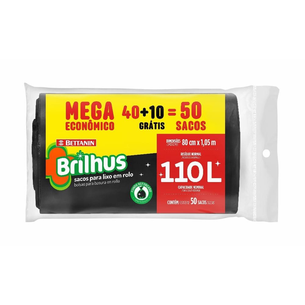 Saco de Lixo em Rolo 110L Mega Econômico Brilhus Bettanin 50 Unidades