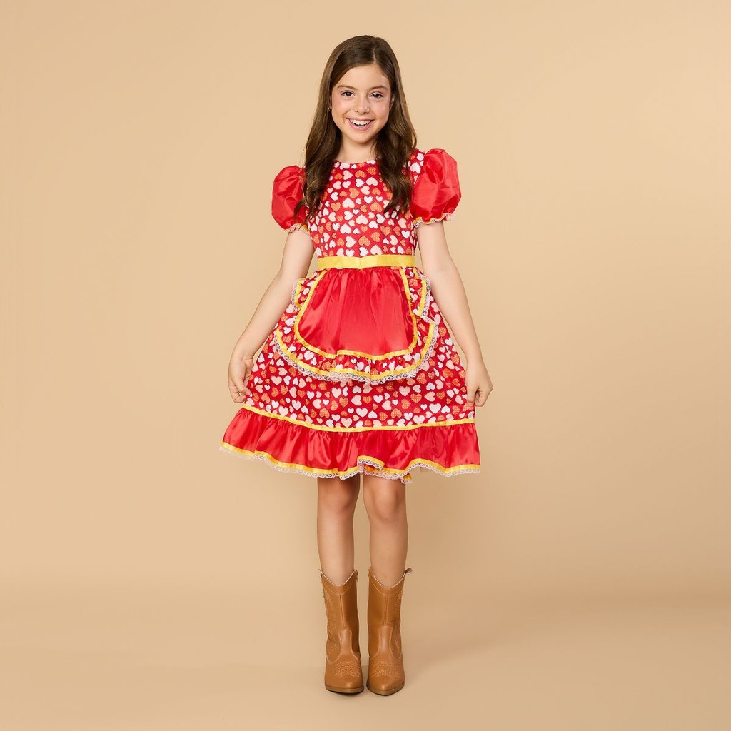 Vestido Festa Junina Menina Caipira Coraçãozinho Moda São João 2026 Dança Quadrilha Pink Vermelha