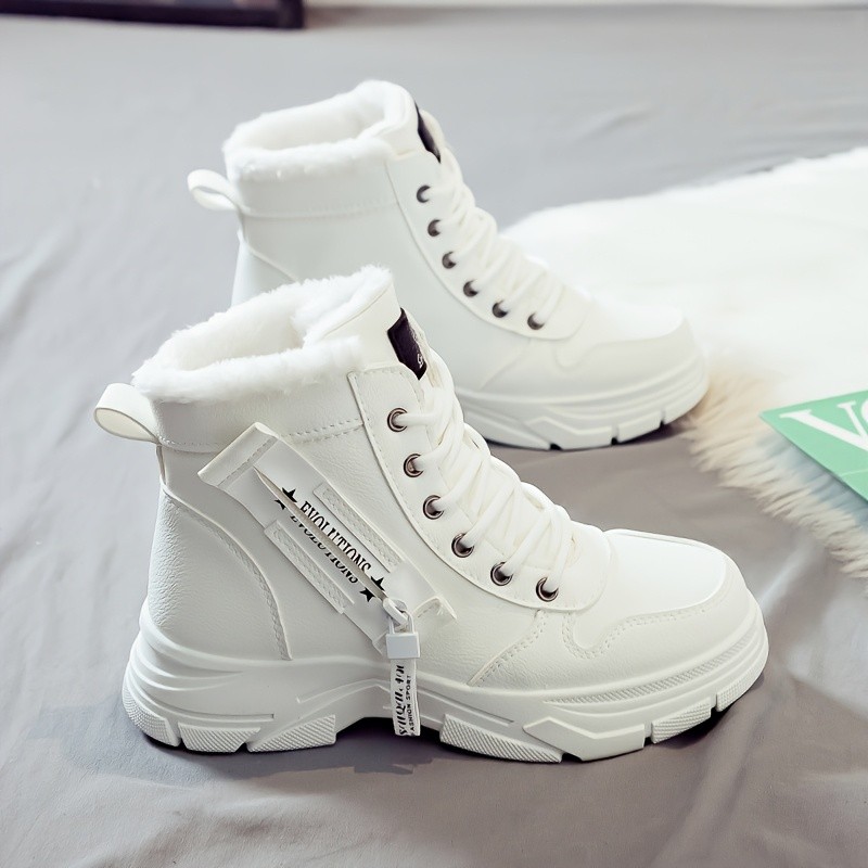 Detalhes do Botas femininas de inverno com forro de lã quente de cano alto - bege, sola grossa, amarrado, bico redondo, salto médio,