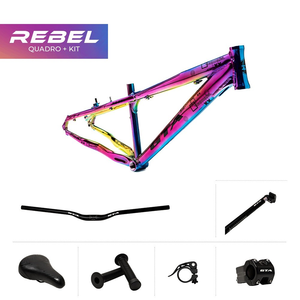 KIT Quadro Aro 26 Freeride GTA Rebel + guidão + sup guidão + canote + selim + manopla + abraçadeira canote Downhill
