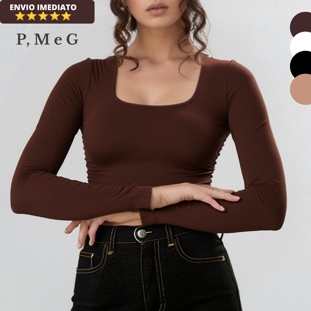 Blusa Feminina Manga Longa Decote Quadrado de Suplex Básica
