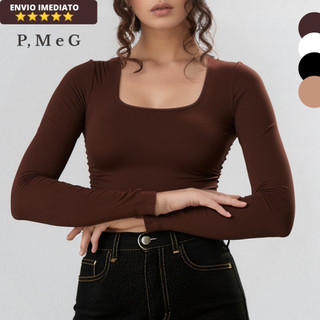 Blusa Feminina Manga Longa Decote Quadrado de Suplex Básica