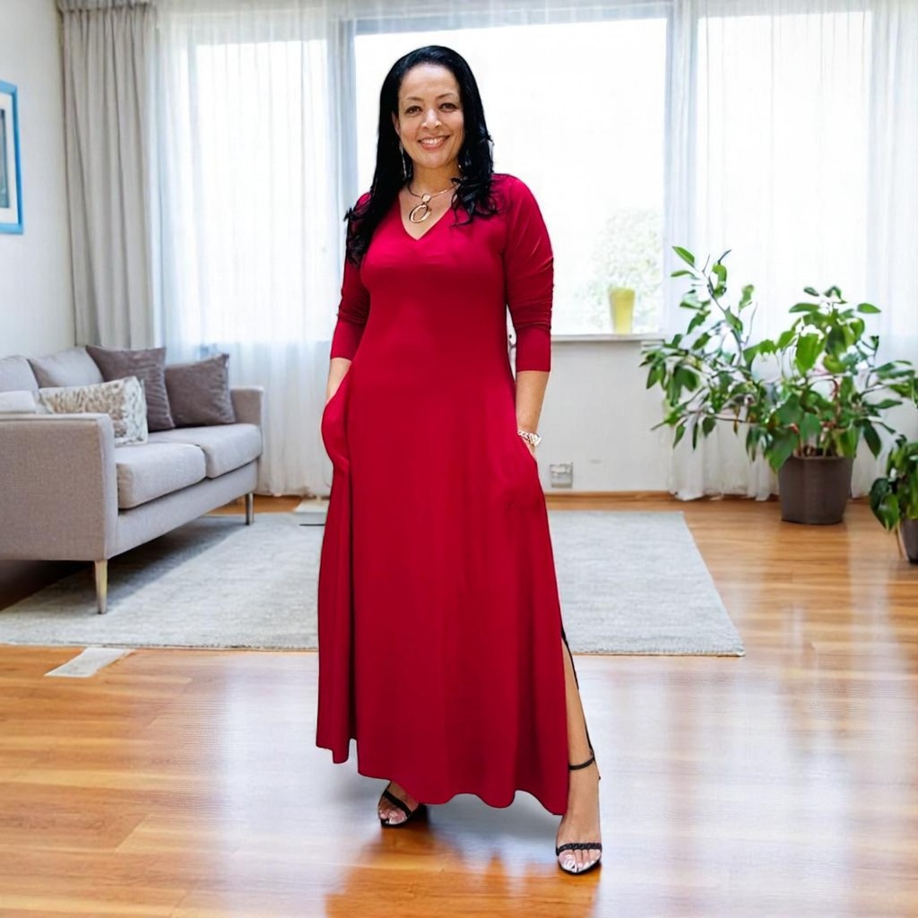 Vestido Feminino Plus Size Inverno Longo Viscolycra Manga Longa Bolsos Estiloso