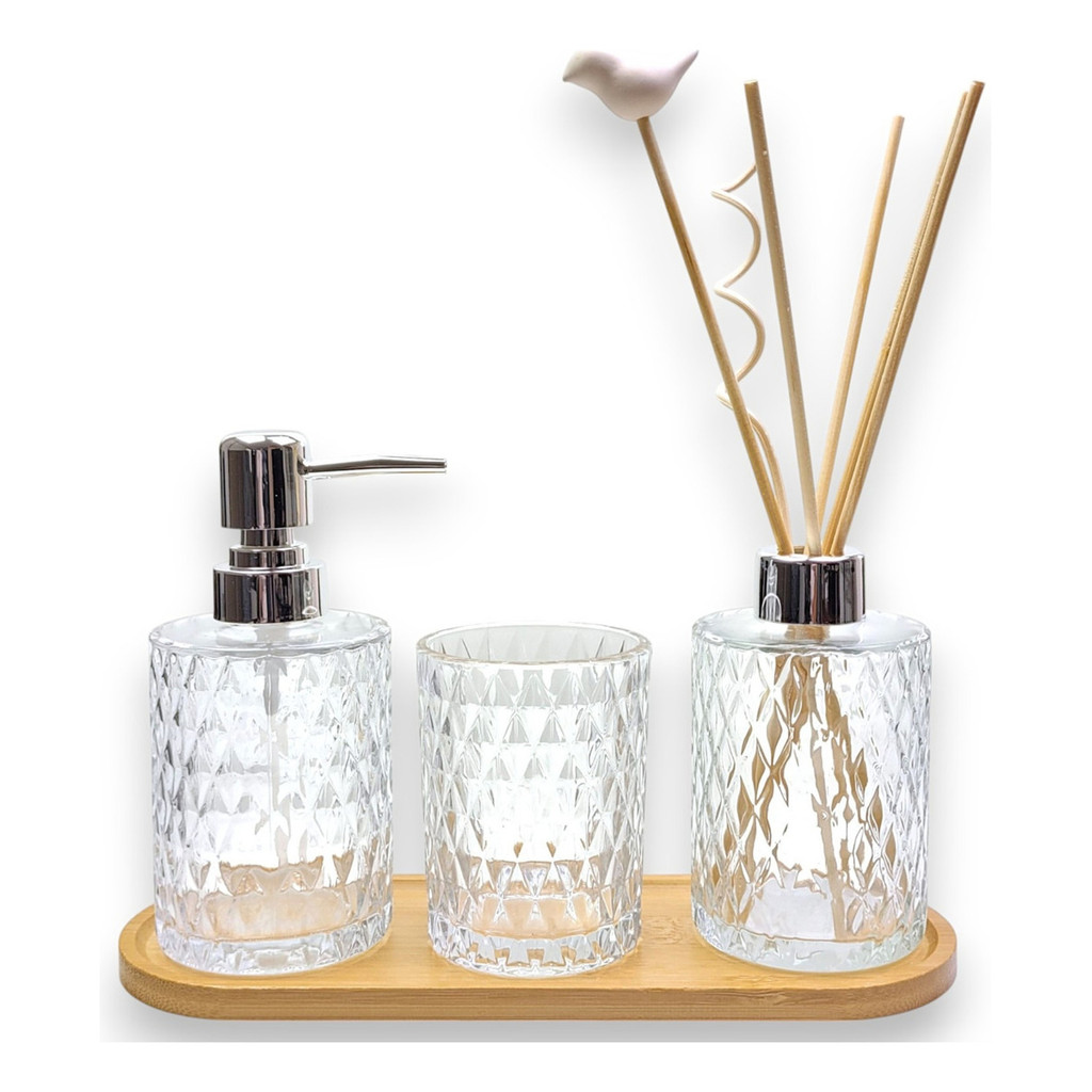 Kit para Banheiro Lavabo Vidro Saboneteira Copo para Escovas Difusor Ambiente Bandeja 3 Pe...
