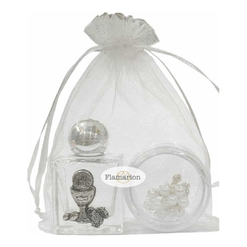 12 Kit Vidro + Porta Terço Eucaristia Prata - C/ Dezena (sem medalha no porta terço)