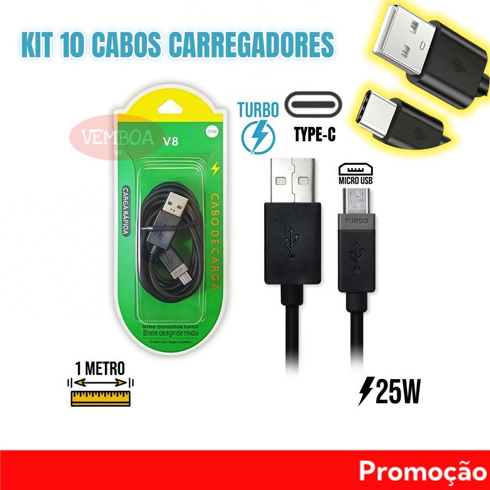 Kit 10 Cabos carregadores V8 ou Tipo C ou Lightning Turbo