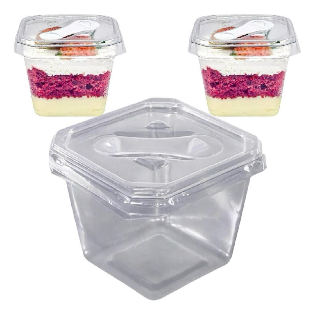 50un Embalagem Para Bolo de Pote Quadrado 250ml C/ Mini Colher