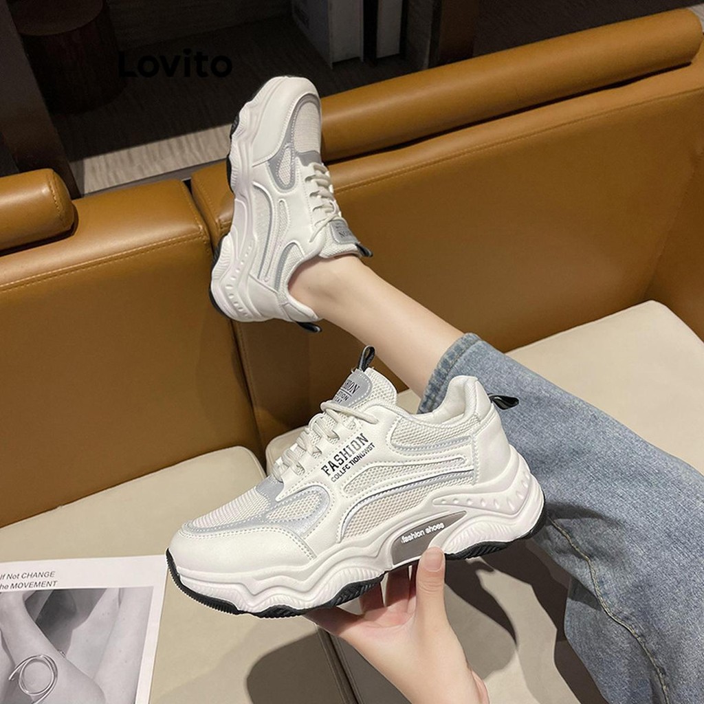 Lovito Sapatos esportivos lisos malha e renda para pai, tênis versátil para mulheres LFA65300 - Women Shoes