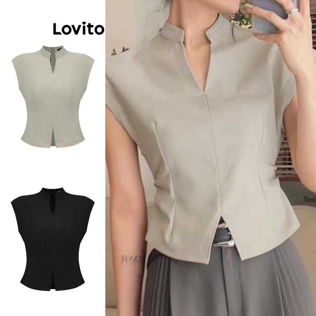 Lovito Blusa Elegante Blusa Frontal Dividida Lisa Para Mulheres L80ED093 (Multicolorido)