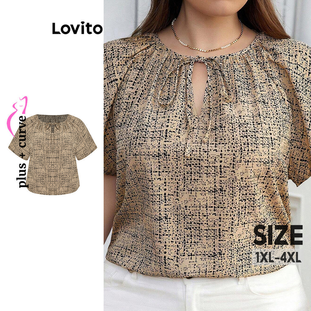Lovito Blusa Curva Plus Size Boho Geométrica Com Babados E Renda Para Mulheres LBL15474 em Oferta na Shopee