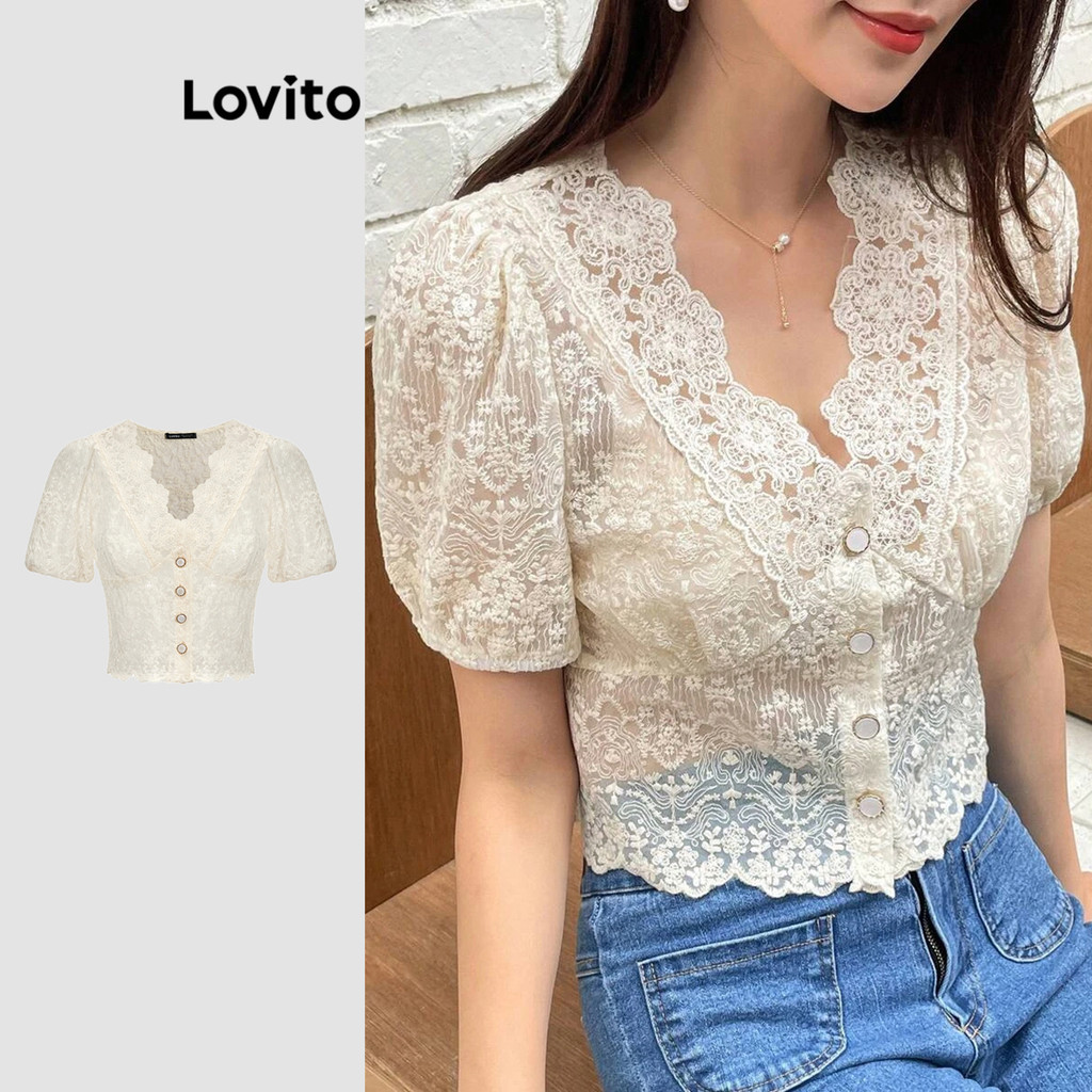 Lovito Blusa Casual Com Botão Liso E Renda Contrastante Para Mulheres L90AD067