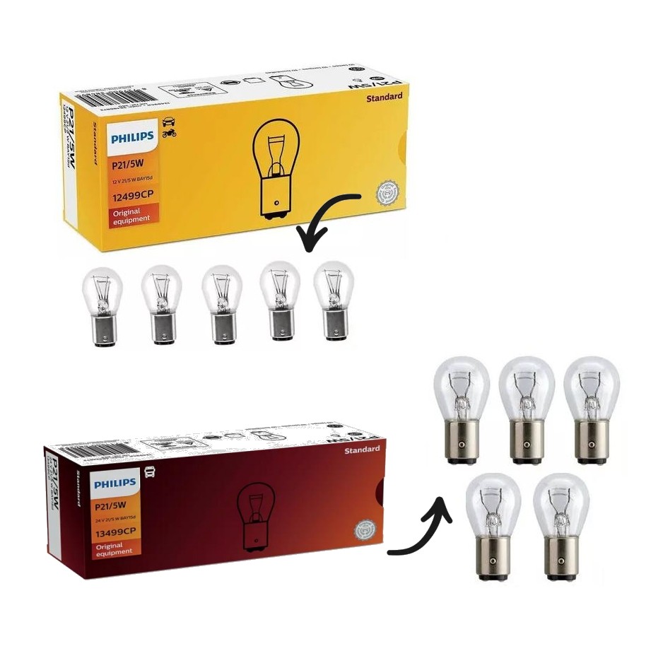 kit Lâmpadas Philips P21/5W P/Caminhão 13499CP 24v + Lâmpada 2 Polos 12v P21/5w 12499