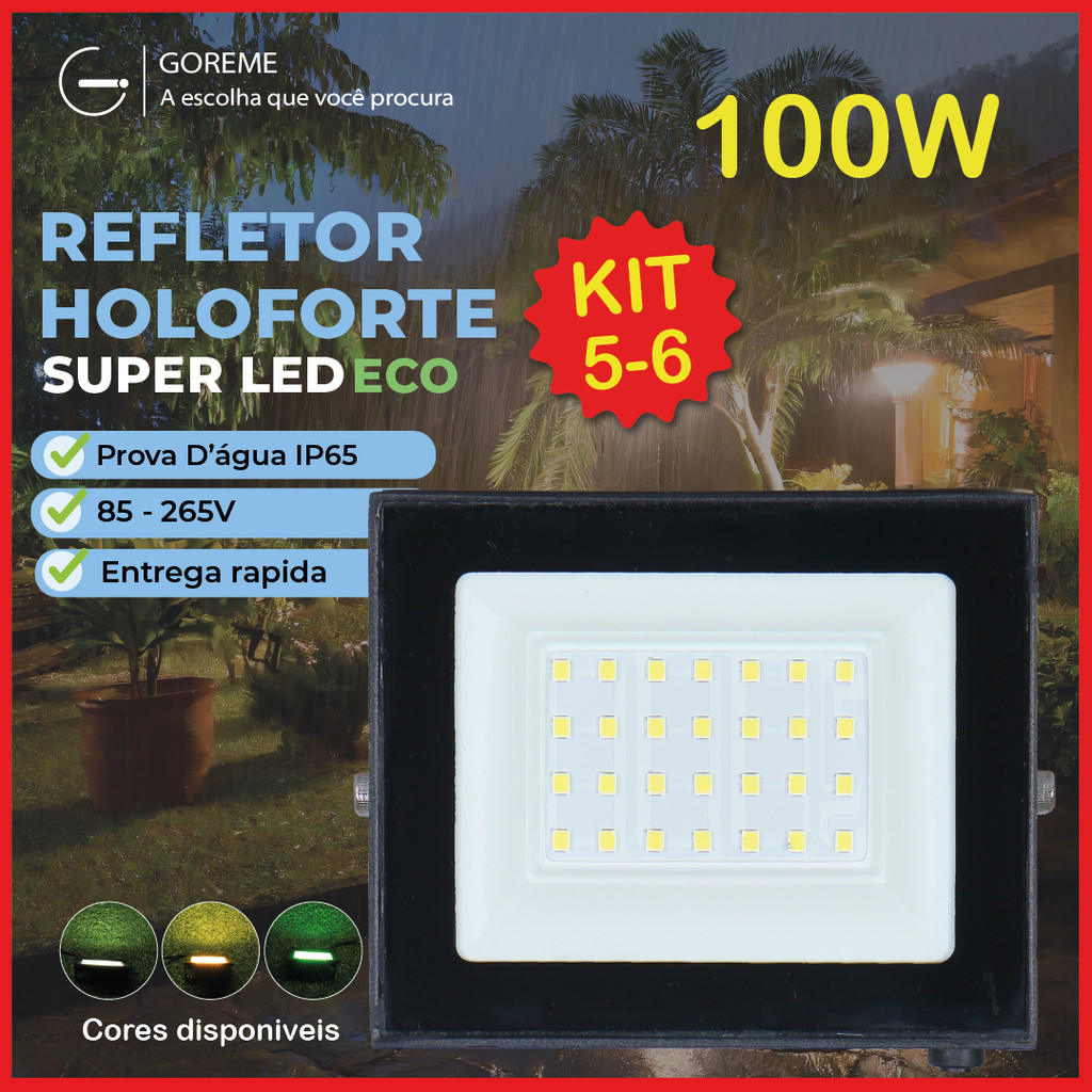 6 Holofote Refletor Led ECO Pro 100W Branco Frio 6500K  Branco Quente Verde| IP65 | Luz Econômica | Para Jardim em Oferta na Shopee