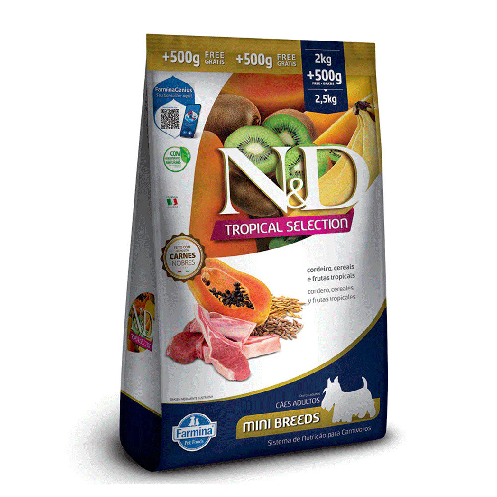 Detalhes do Ração Farmina N&D Tropical Selection Cães Adultos Raças Mini Cordeiro, Cereais e Frutas Tropicais 2kg + 500g