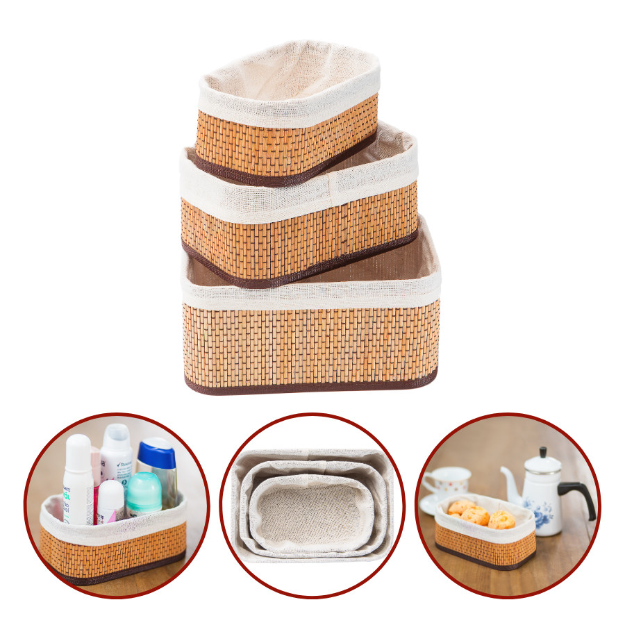 Kit 3 Cestos Organizadores De Bambu Premium Multiuso Com Forro