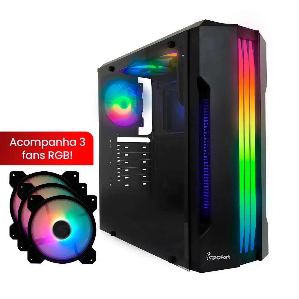 Gabinete Gamer PCFort Lines RGB com 3 fans RGB ATX Preto em Oferta na Shopee