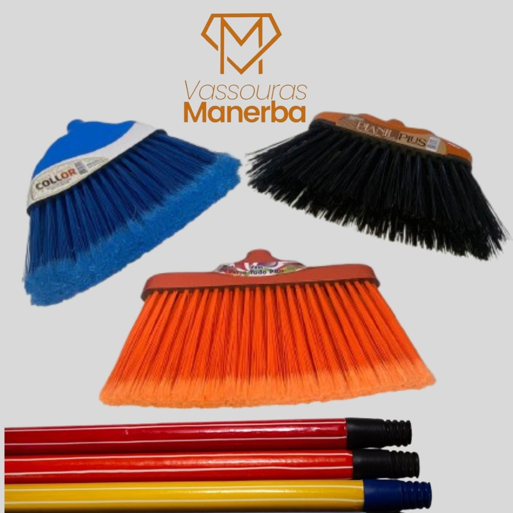 KIT 3 VASSOURAS COM 3 CABOS DE 1,2 - VARRE TUDO PLUS+ CANTO COLLOR + PIANIL PLUS