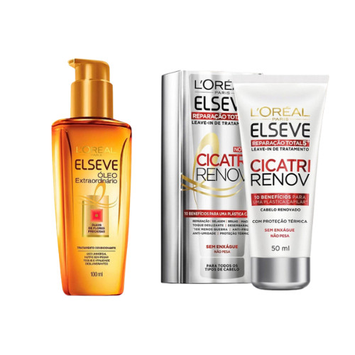 Kit Oleo Extraordinario Elseve 100ml  + Leave in Cicatri Renov 50ml Reparação Total (Loreal) em Oferta na Shopee