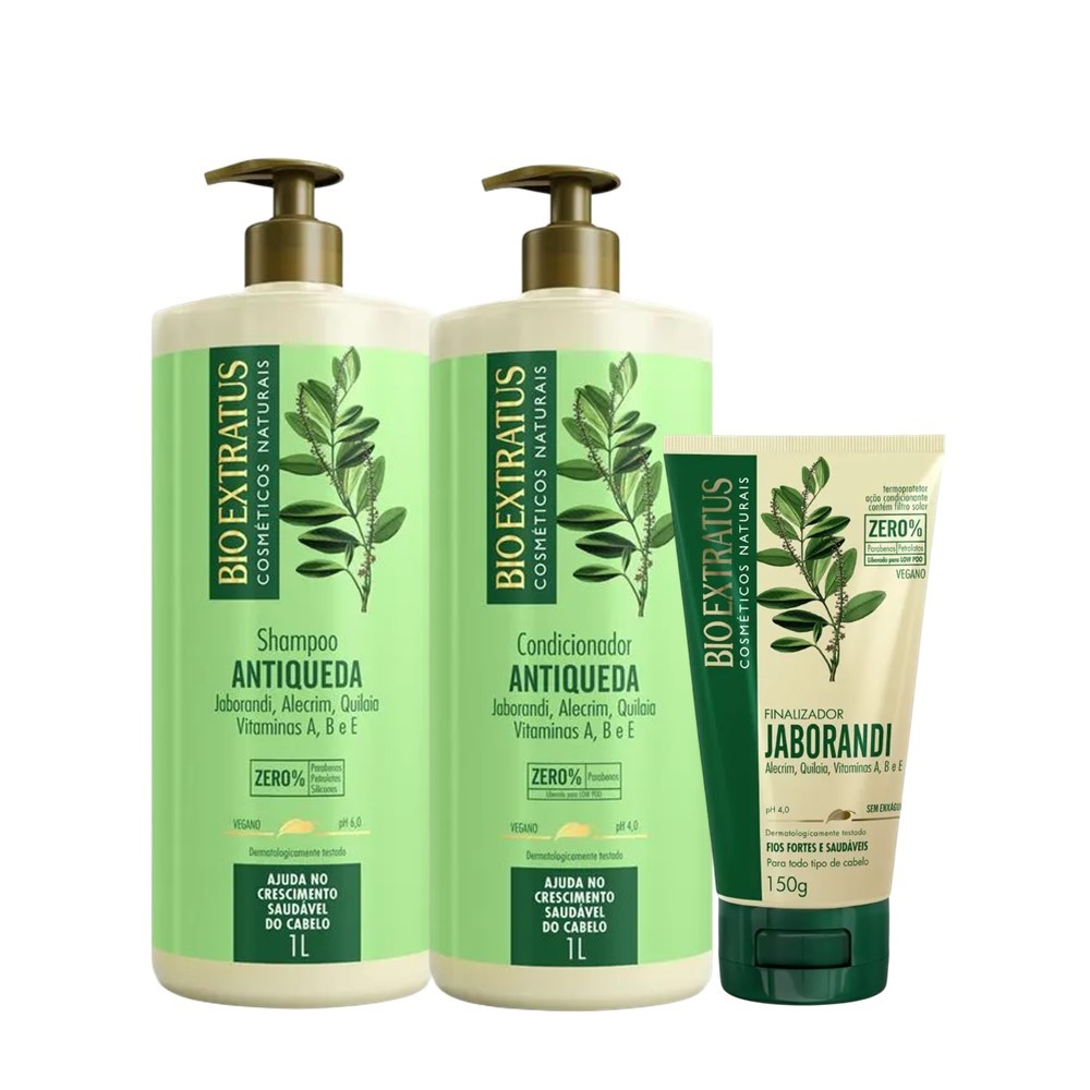 Kit Shampoo Condicionador e Finalizador Antiqueda Jaborandi Crescimento do Cabelo Bio Extratus 1L