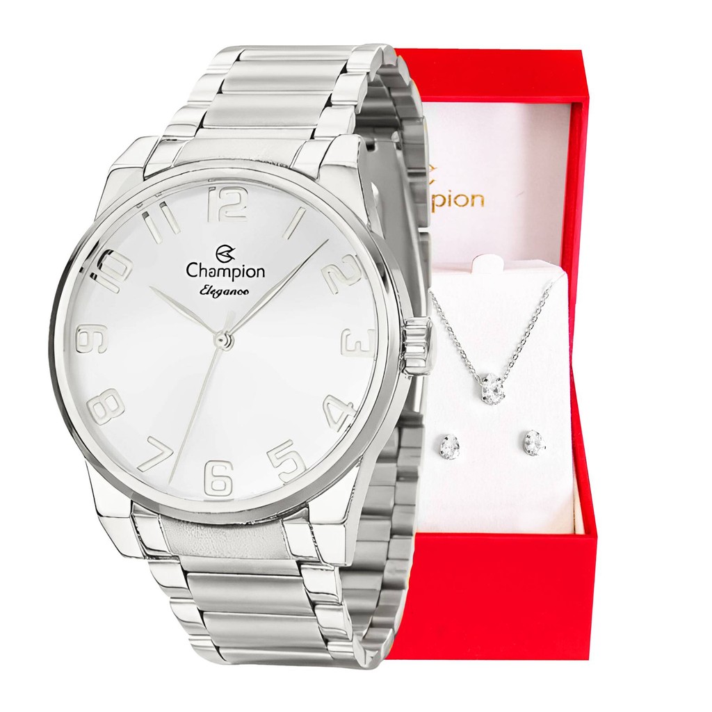Relógio Feminino Champion Analógico Prata CN27652Q Kit Colar e Brincos em Oferta na Shopee