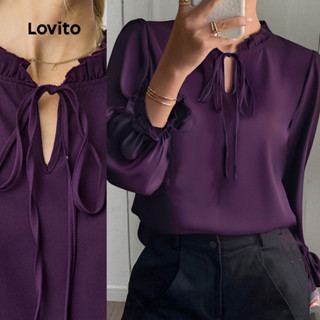 Lovito Blusa elegante e lisa com gravata frontal e manga bispo para mulheres LBL24434