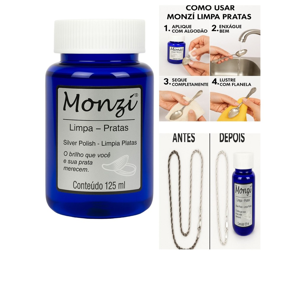 Limpa Prata 925 Monzi 125ml Original Liquido Limpeza Jóia Corrente Anel Restaura Brilho Grande em Oferta na Shopee