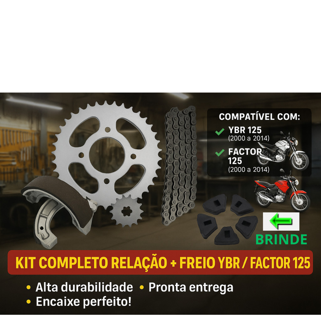Kit Relação Transmissão Tração + (patins freio)Lona + Bucha Coroa Ybr 125 Factor 125 00 A 14