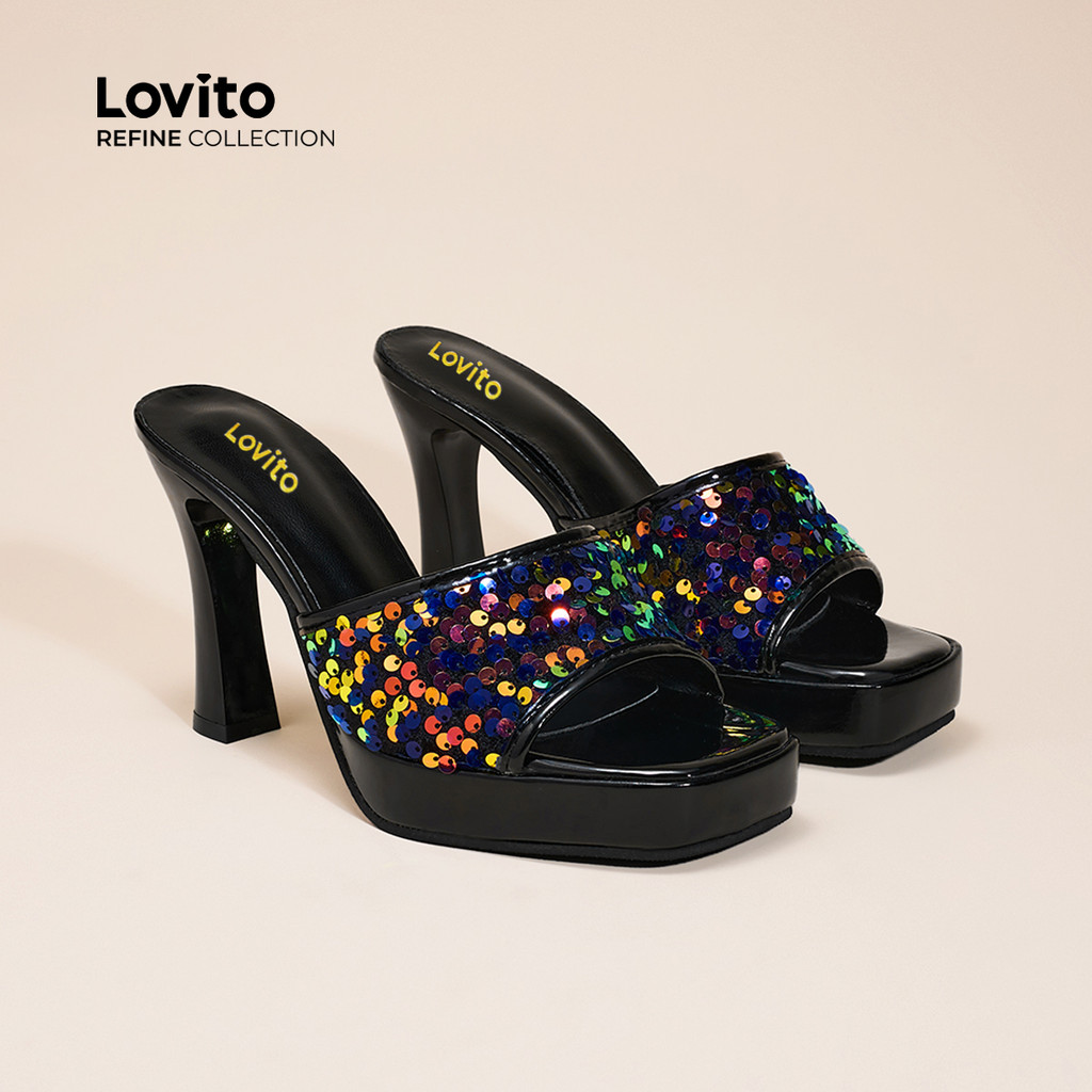 (Lovito Refine) Salto aberto elegante de lantejoulas lisas para mulheres LFAR8404 - Women Shoes