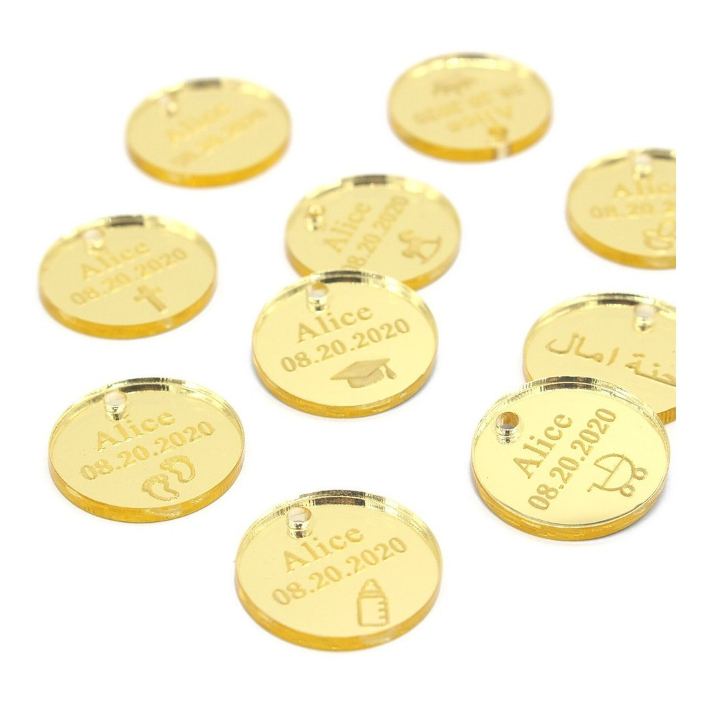 tag personalizada de acrilico espelhado 2cm - kit 40un em Oferta na Shopee