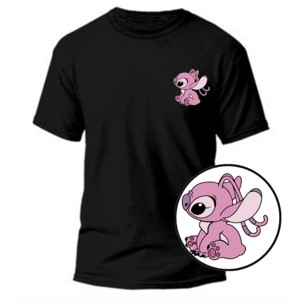 Camiseta Tecido Algodão Qualidade Avulsa Ou Kit Casal Com Estampa Lilo Azul e Angel Rosa Fofa Casal