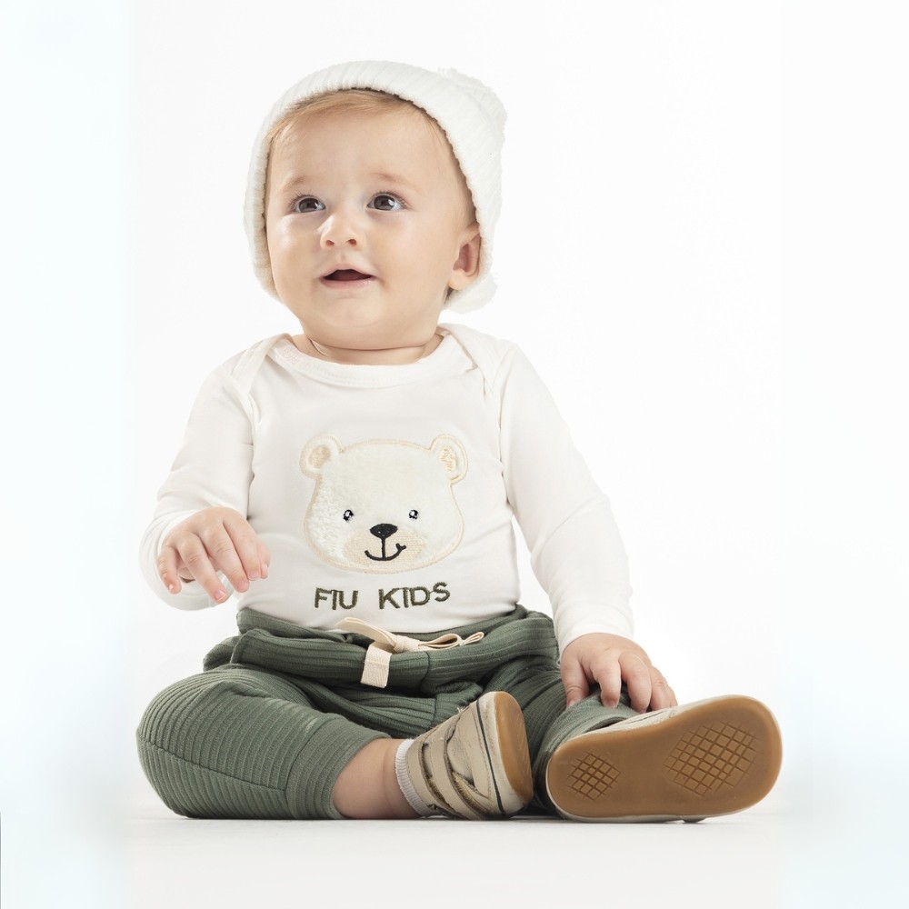 Roupa de Bebê Menino Conjunto Body Bordado Urso e Calça Canelada com Bolsos Inverno