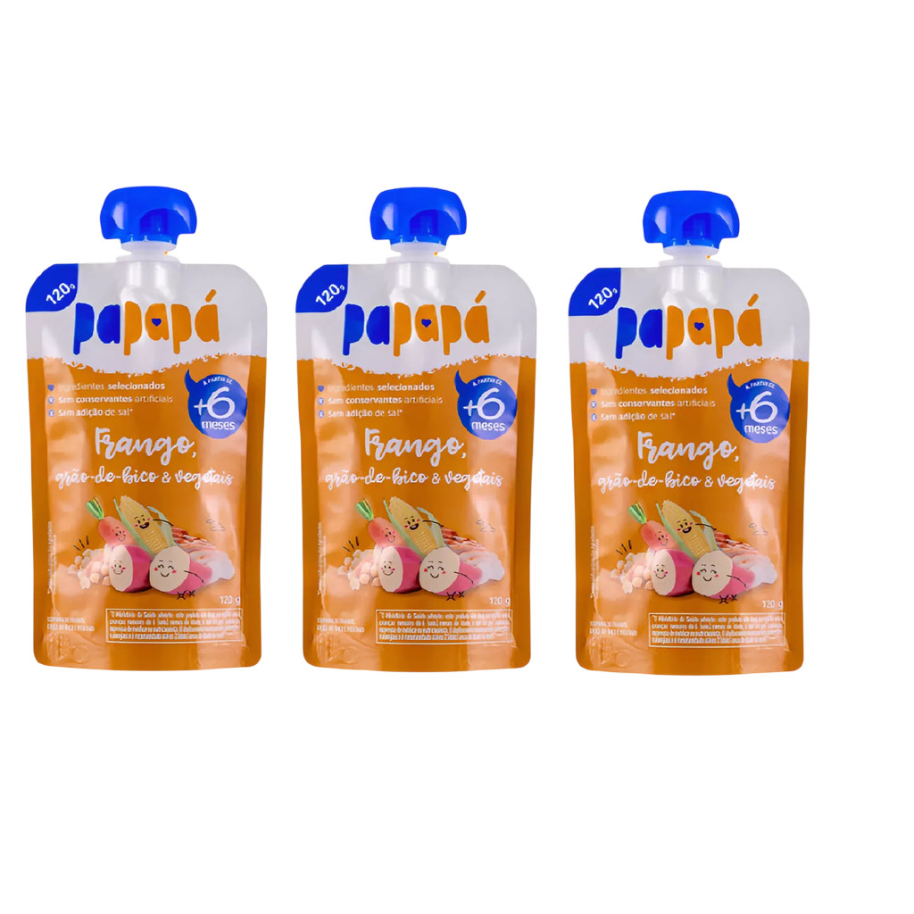 Kit 3x Papinha Papapá Frango Grão Vegetais Squeeze 120g