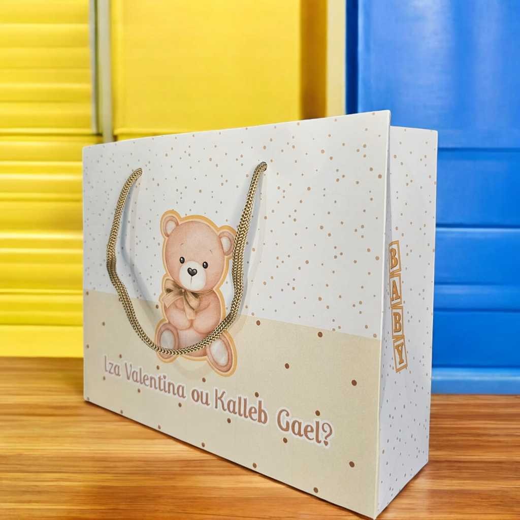 10 Sacolinhas Personalizadas (G) Festa Chá de Bebê Ursinho Bege Neutro (20x16x6cm) em Oferta na Shopee