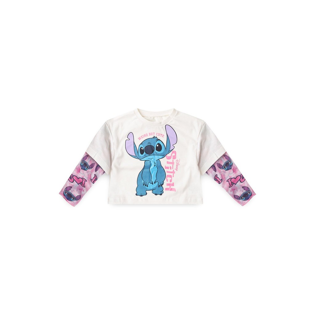 Blusa Box Manga Longa Infantil Feminino Stitch Off White