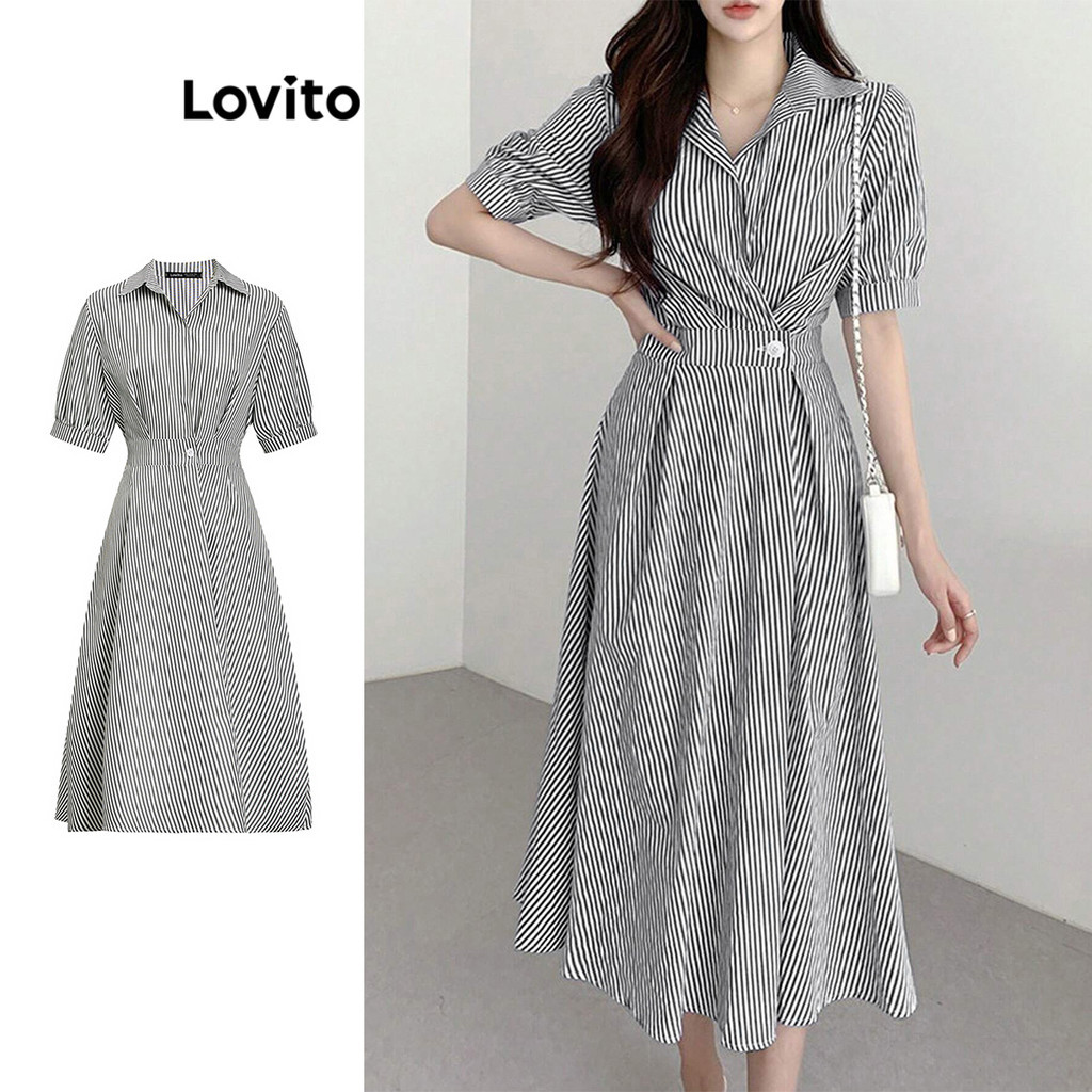 Lovito Vestido elegante listrado com botões para mulheres L108ED868 - Women Clothes